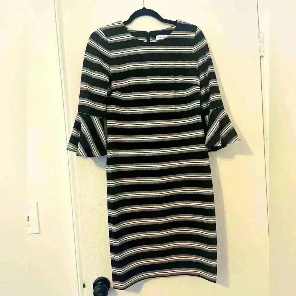 Calvin Klein Stripe Bell Sleeve Sheath Dress 6